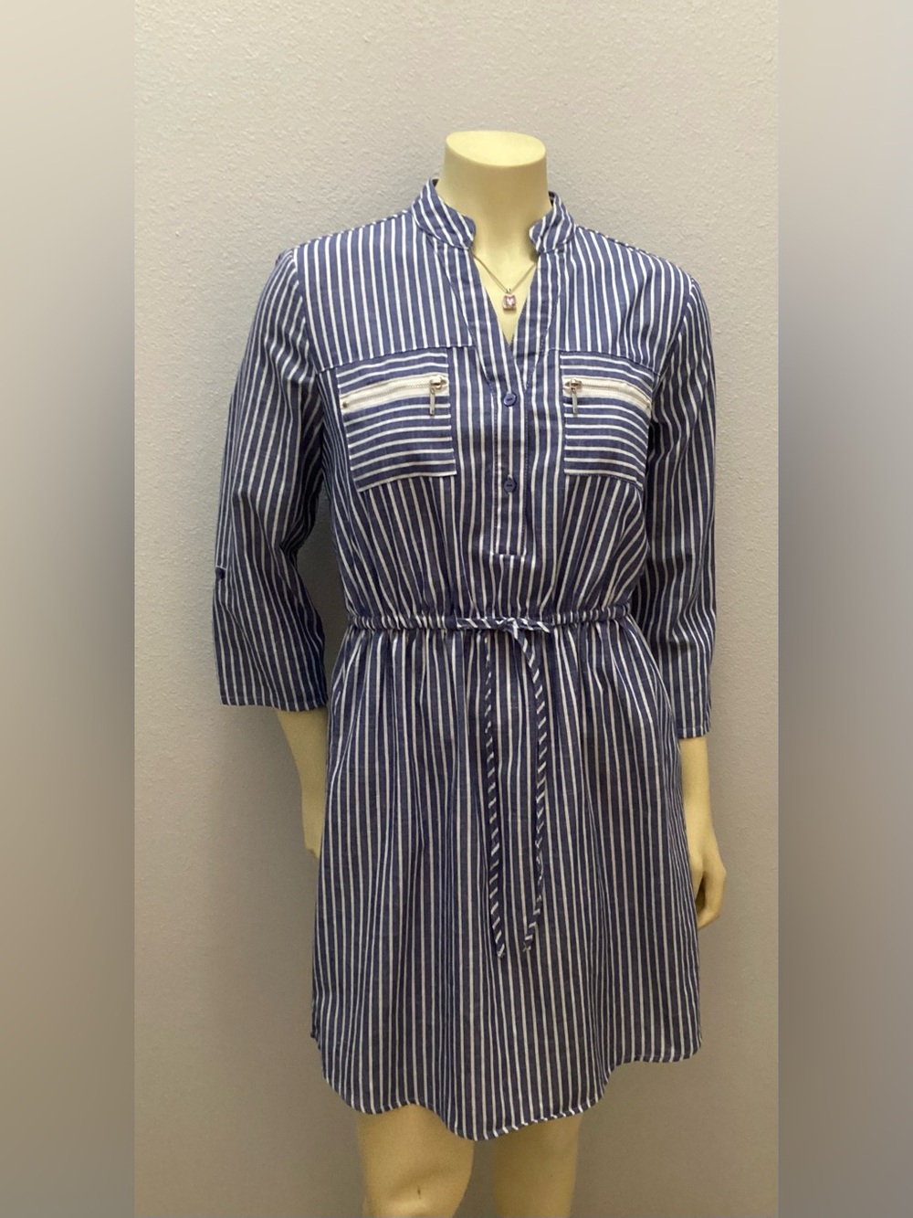 Mlle Gabrielle Navy and White Striped Drawstring Shirt Dress